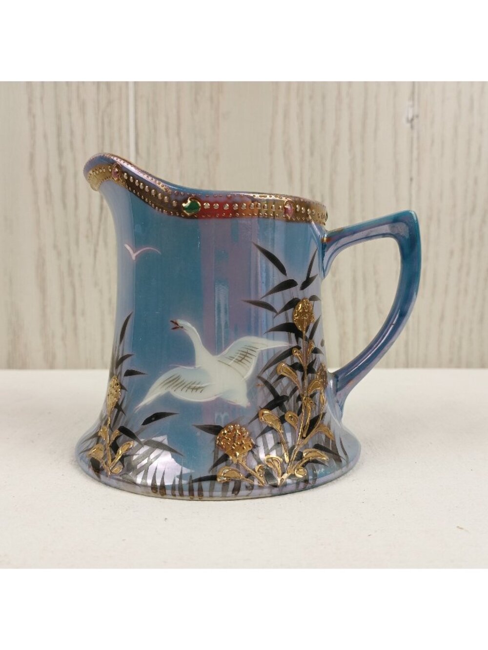 Japanese Blue & Gold Hand Painted Jeweled Flying Geese Luster Creamer 4” Vintage